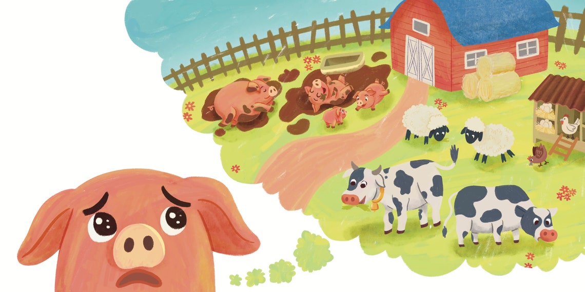 Charming Barnyard Animals with a Wistful Daydreaming Pig Poster