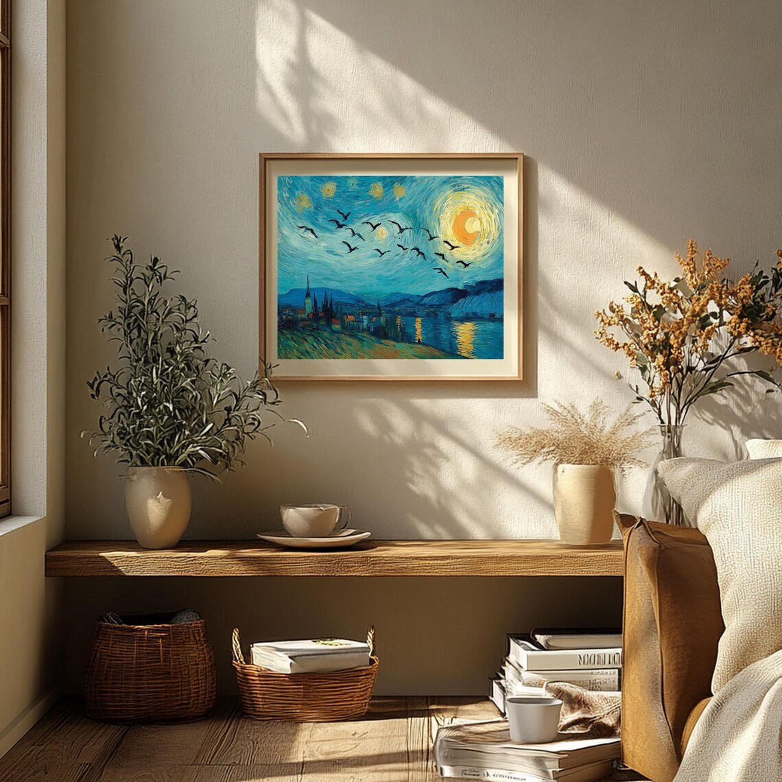 Starry Night Birds Poster Moonlit Waterfront Town Swirling Sky Impressionist