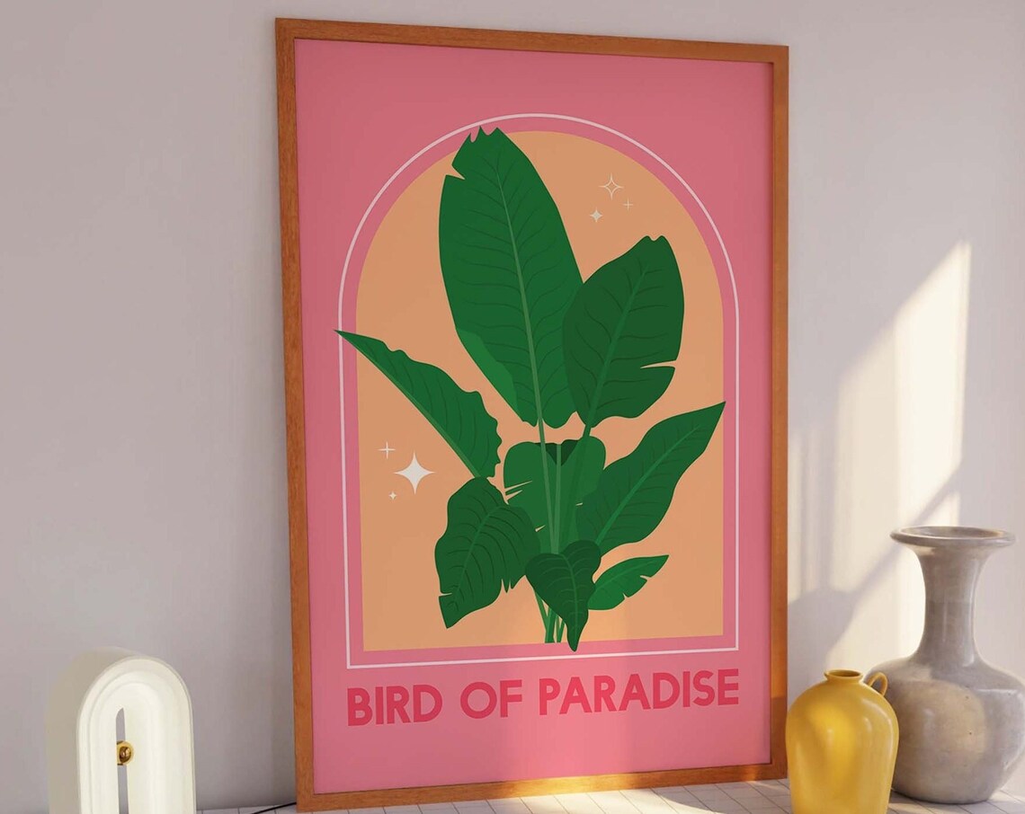 Bird of Paradise Plant Pink Peach Botanical Illustration Poster