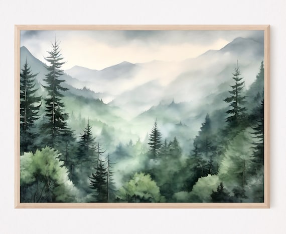 Misty Evergreen Forest Foggy Mountain Watercolor Nature Art Print