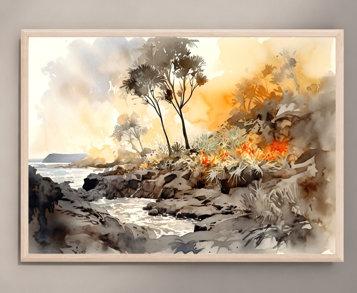 Hawaii Volcanoes Rocky Coast Palm Trees Orange Flowers Poster - Image 2