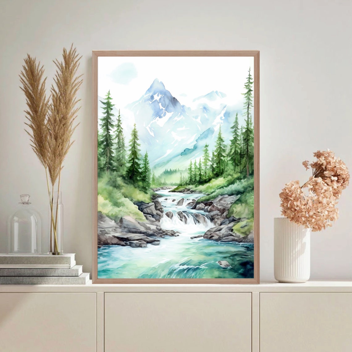 Misty Snow Capped Alpine Peak Forest River Watercolor Scenery Poster - Image 2