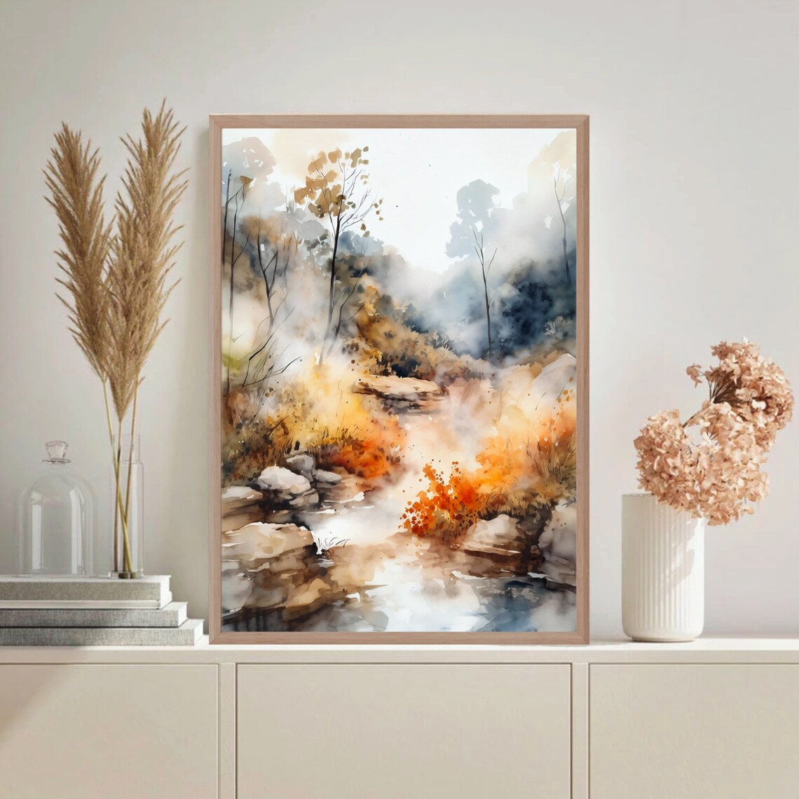 Abstract Autumn Creek Orange Splashes Misty Watercolor Art Poster - Image 3