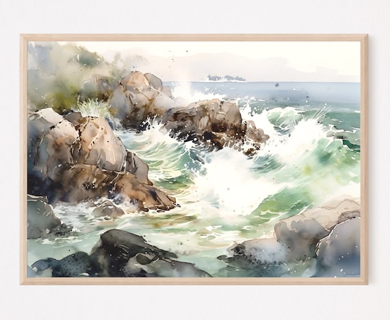 Crashing Waves Watercolor with Rocky Shore and Sea Foam Poster