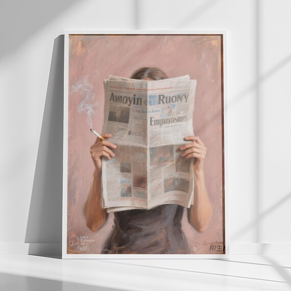 Woman Reading Newspaper Pink Retro Editorial Smoking Style Poster