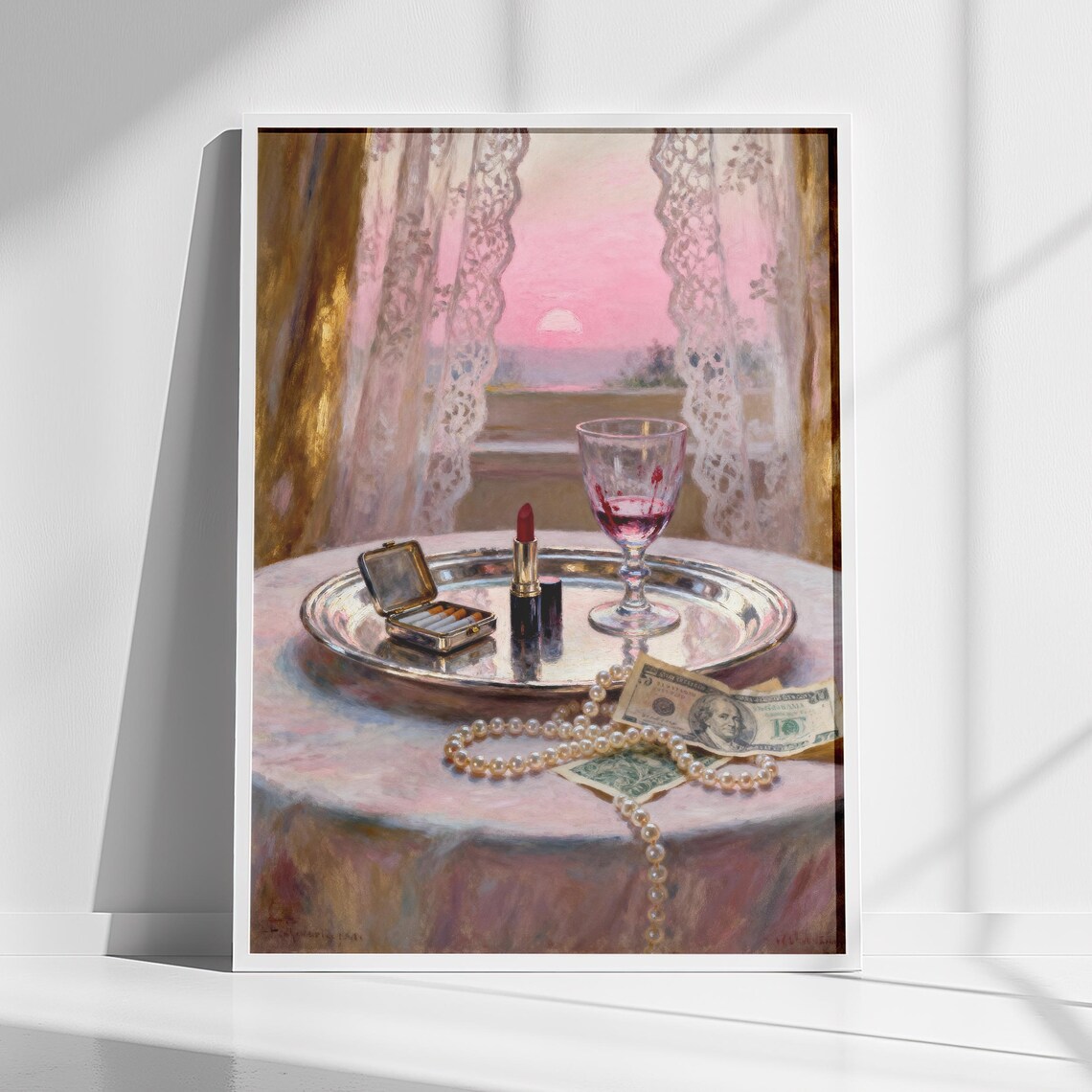 Old Money Boudoir Vanity Pearls Lipstick Wine Still Life Poster