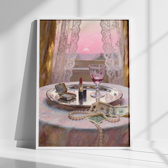 Old Money Boudoir Vanity Pearls Lipstick Wine Still Life Poster