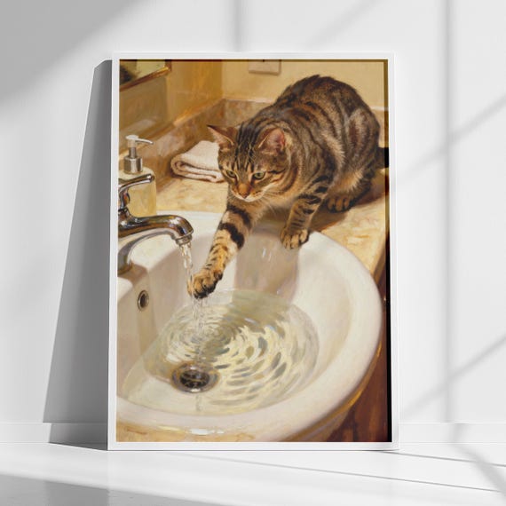 Funny Playful Tabby Cat Paws at Faucet Water Sink Bathroom Poster