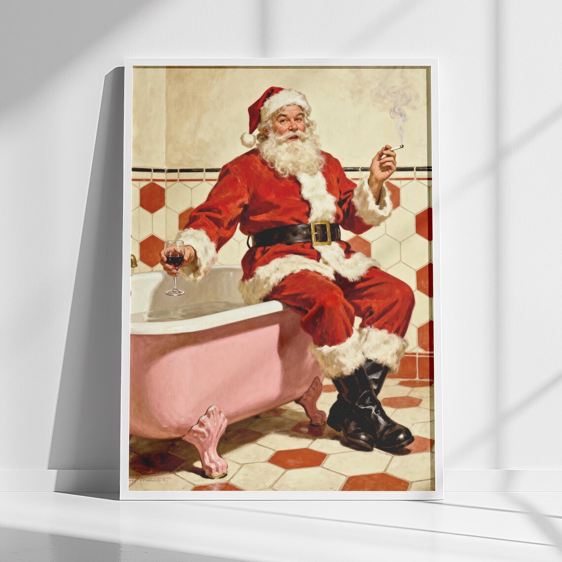 Christmas Bathroom Wall Art, Retro Santa Poster