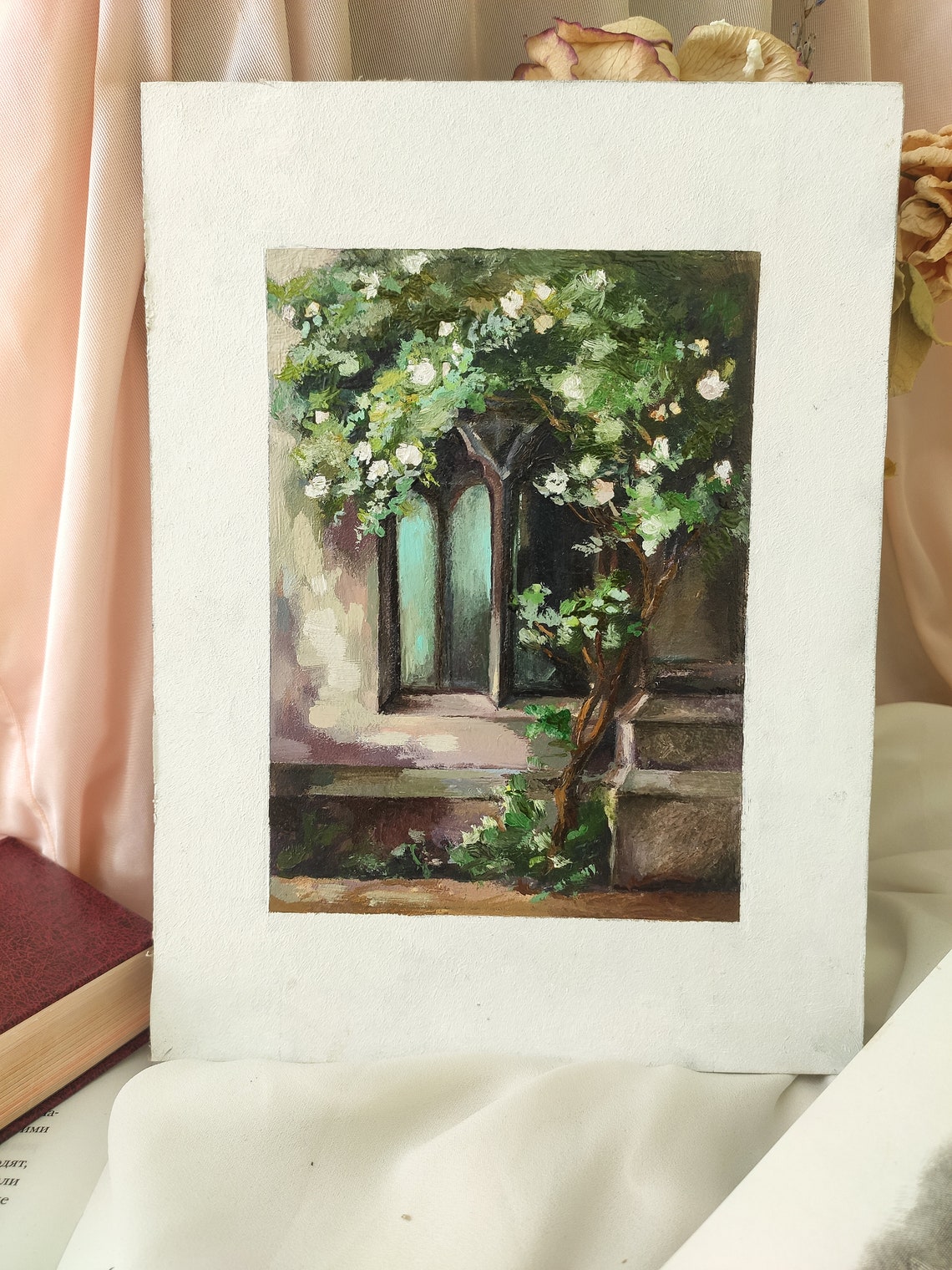 Old Gothic Window Overgrown with White Roses Moody Art Poster - Image 4