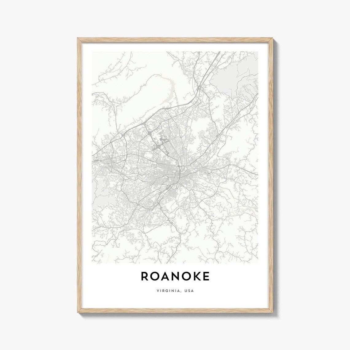 Roanoke Virginia Minimalist Street Map Black Line Art Poster