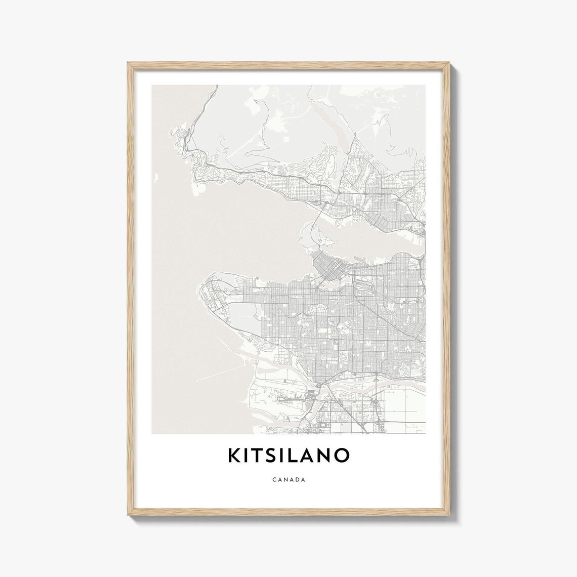 Kitsilano Canada Map Poster, Light Cream Framed Minimal City Street Map Decor