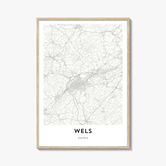 Wels Austria Minimalist Street Map Black White Line Art Poster