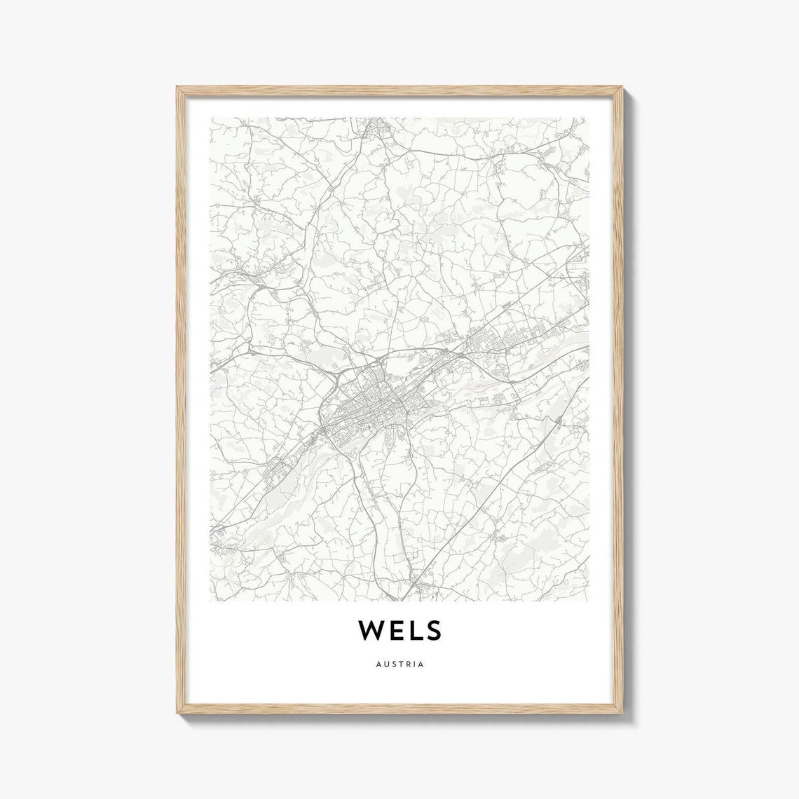 Wels Austria Minimalist Street Map Black White Line Art Poster