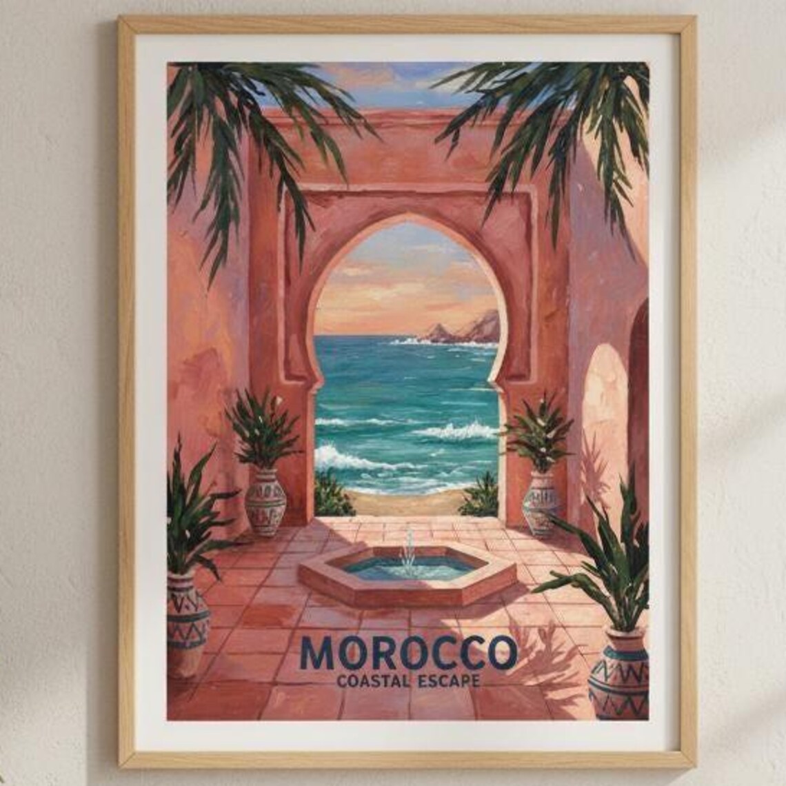 Morocco Coastal Escape Pink Archway Ocean View Fountain Travel Poster