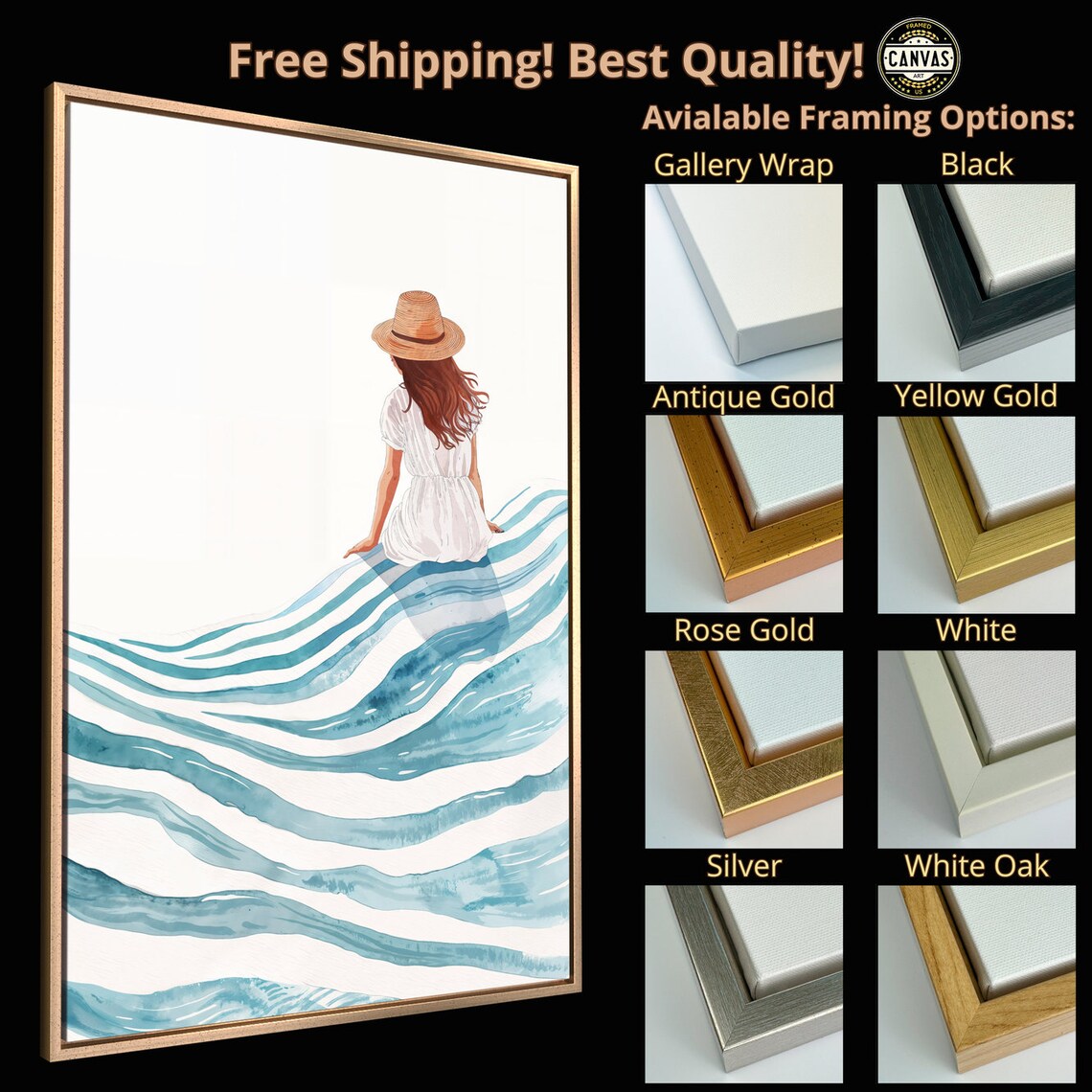 Girl In Straw Hat Sitting On Turquoise Waves Minimalist Ocean Art Poster - Image 5