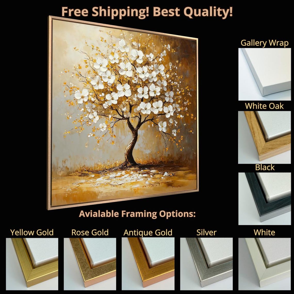 White Blossom Tree With Golden Leaves Square Abstract Wall Poster - Image 5