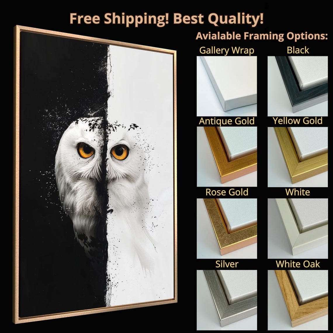 Snowy Owl Black White Split Background Abstract Wildlife Poster - Image 4