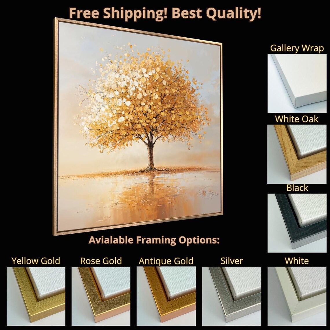Golden Tree Of Life Autumn Leaves Reflective Water Art Print - Image 5