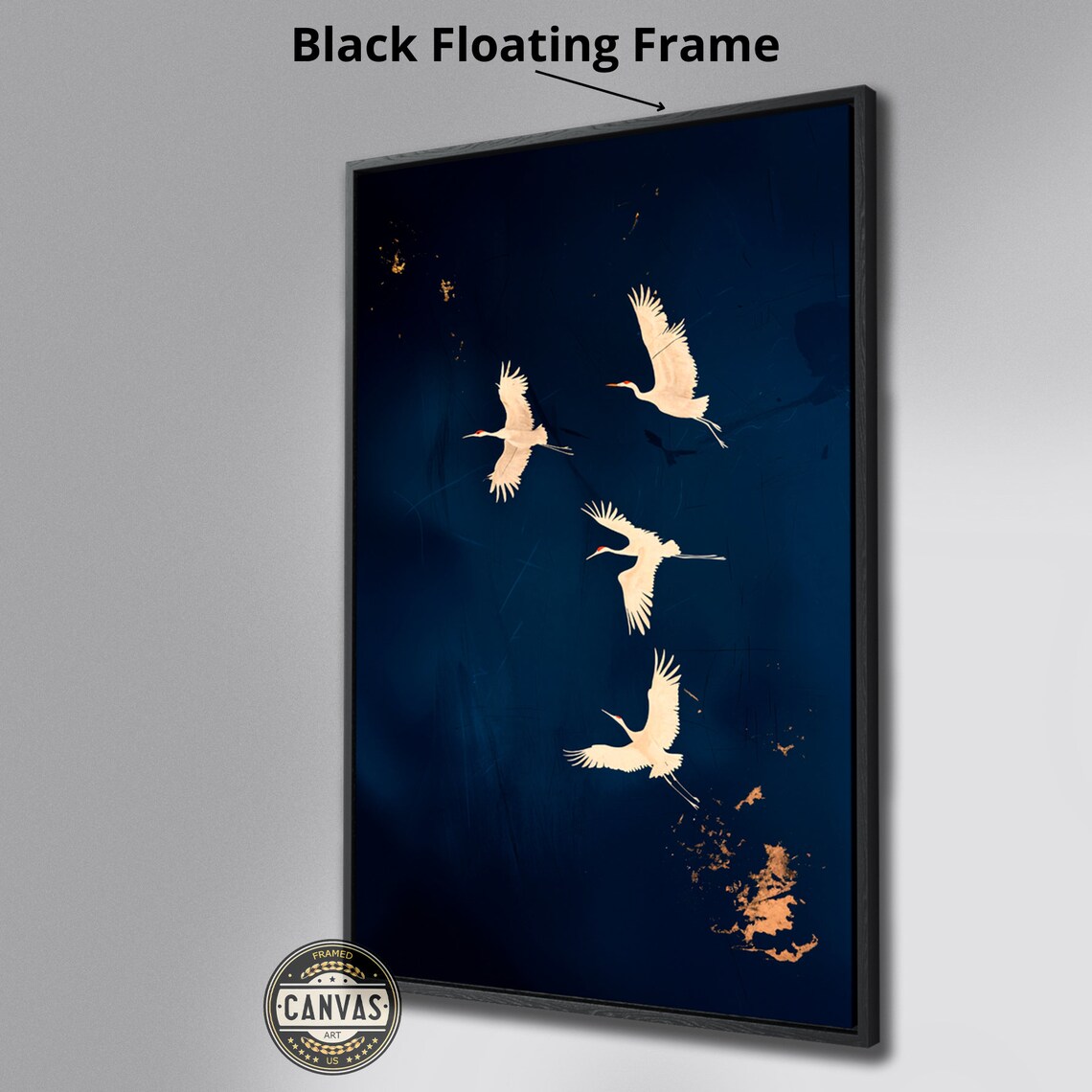 Elegant Gold Cranes Art Print, Dark Blue Background - Image 4