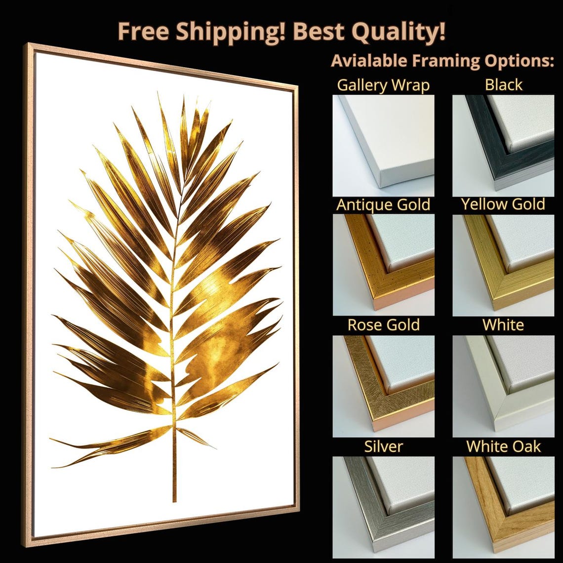 Luxurious Tropical Leaf Framed Wall Art Golden Botanical Illustration Print Elegant Foliage Wall Decor Vertical Poster Ready To Hang - Image 4