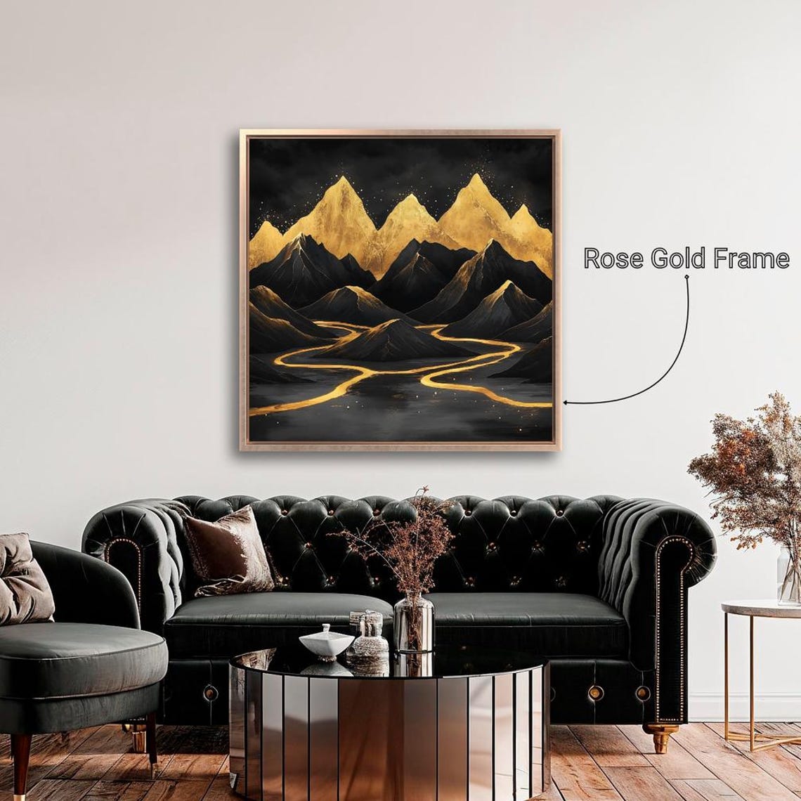 Gothic Black Mountains Golden Peaks Starry Night River Art Print - Image 2