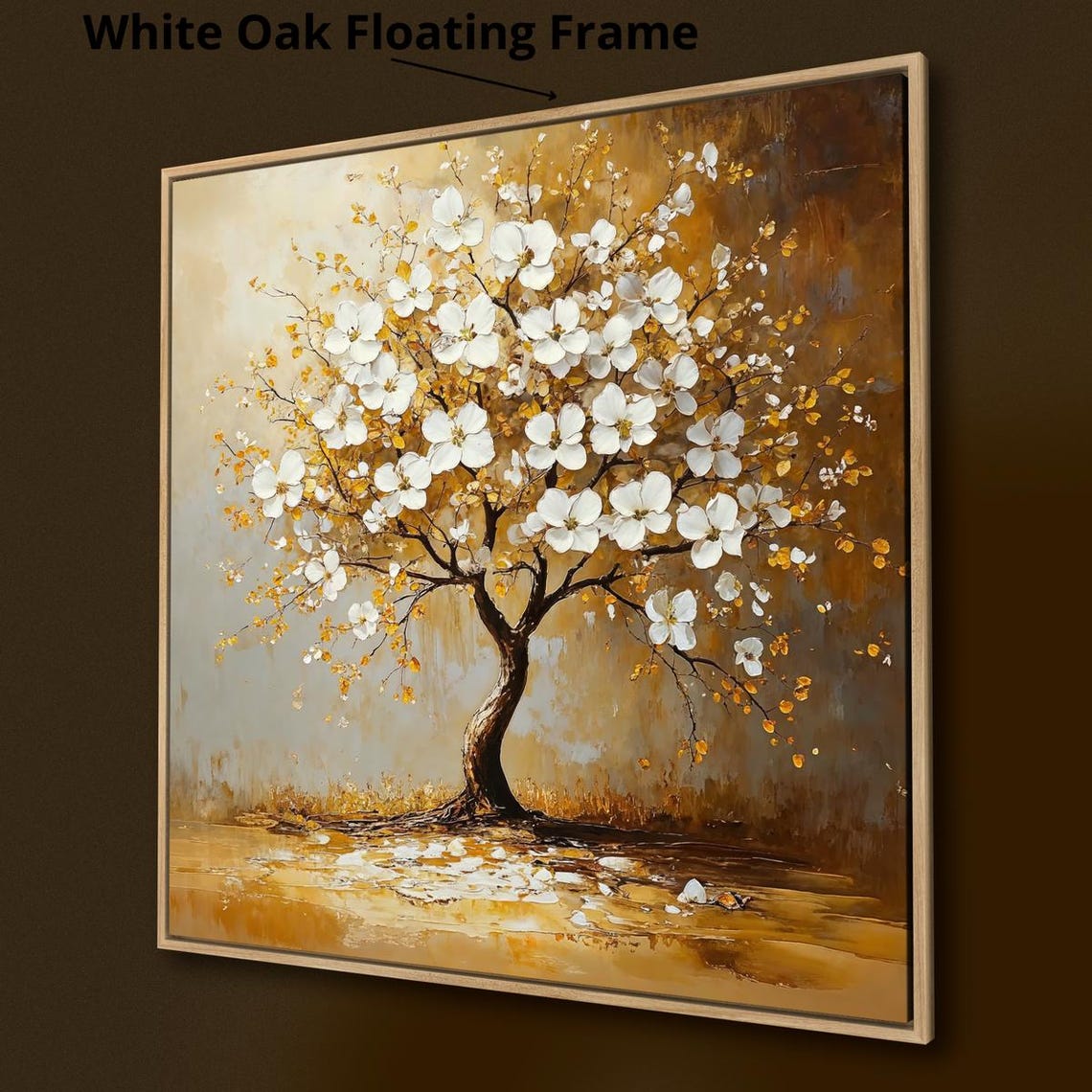 White Blossom Tree With Golden Leaves Square Abstract Wall Poster - Image 3