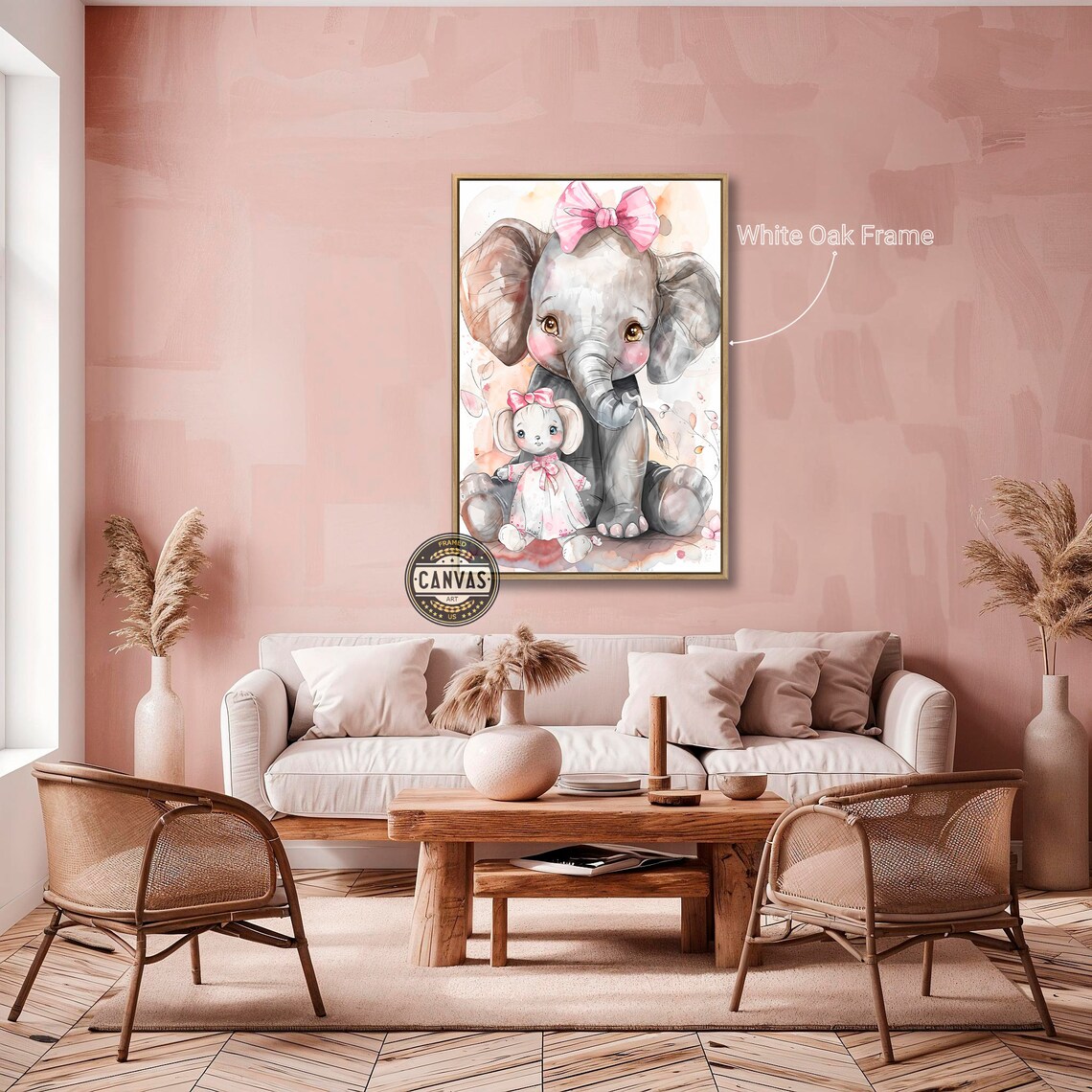 Baby Elephant And Mouse Pink Bow Watercolor Nursery Friendship Poster - Image 3