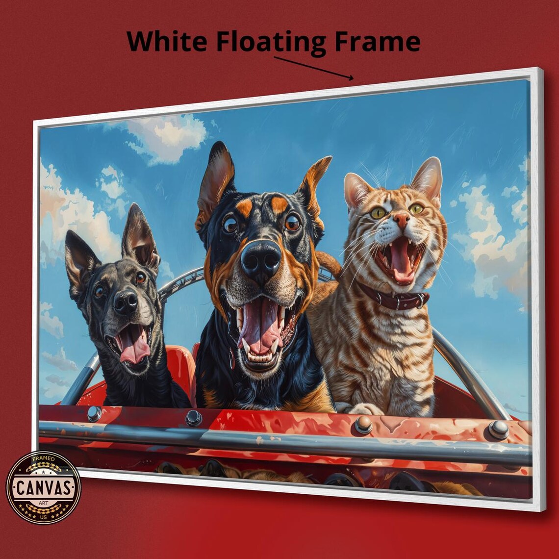 Two Happy Dogs And Cat Riding In Red Convertible Fun Animal Wall Poster - Image 2