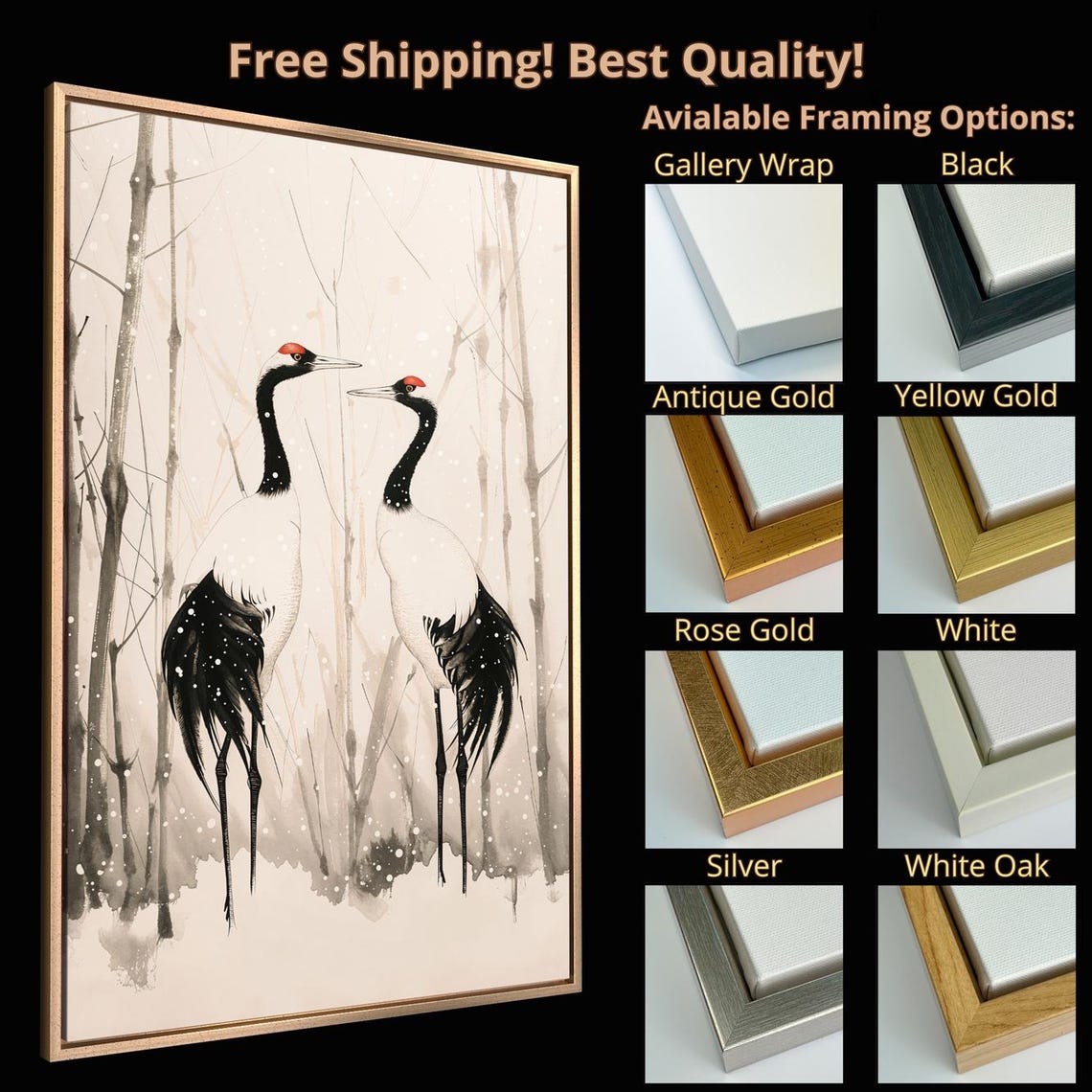 Two Red Crowned Cranes Snowy Bamboo Japanese Ink Style Poster - Image 5