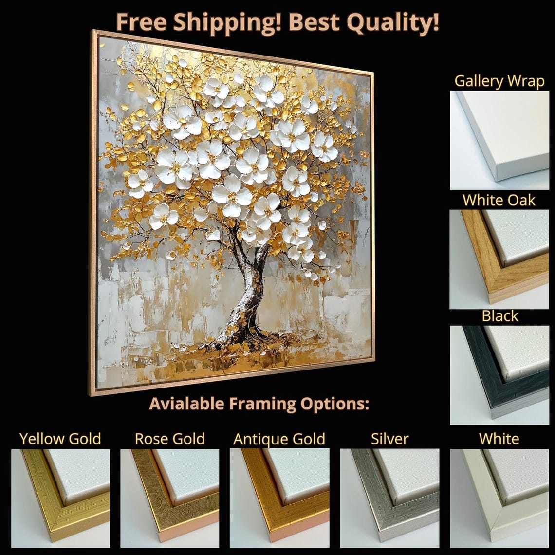 Golden Tree With White Blossoms Textured Impasto Abstract Wall Poster - Image 5