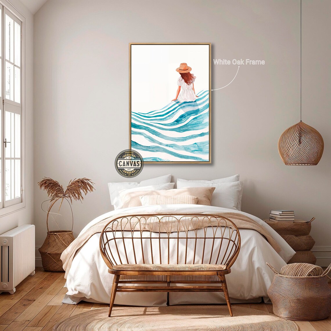 Girl In Straw Hat Sitting On Turquoise Waves Minimalist Ocean Art Poster - Image 4