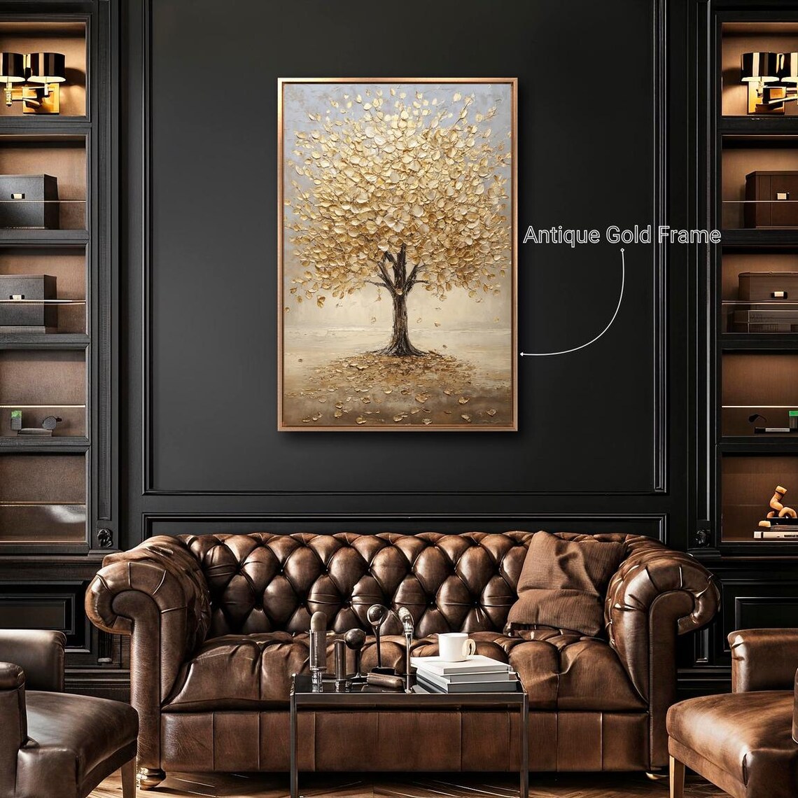 Golden Tree Of Life Falling Gold Leaves Vertical Abstract Wall Poster - Image 4