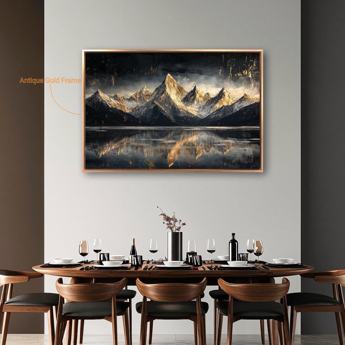 Golden Snowy Mountain Peaks Lake Reflection Panoramic Landscape Print - Image 4