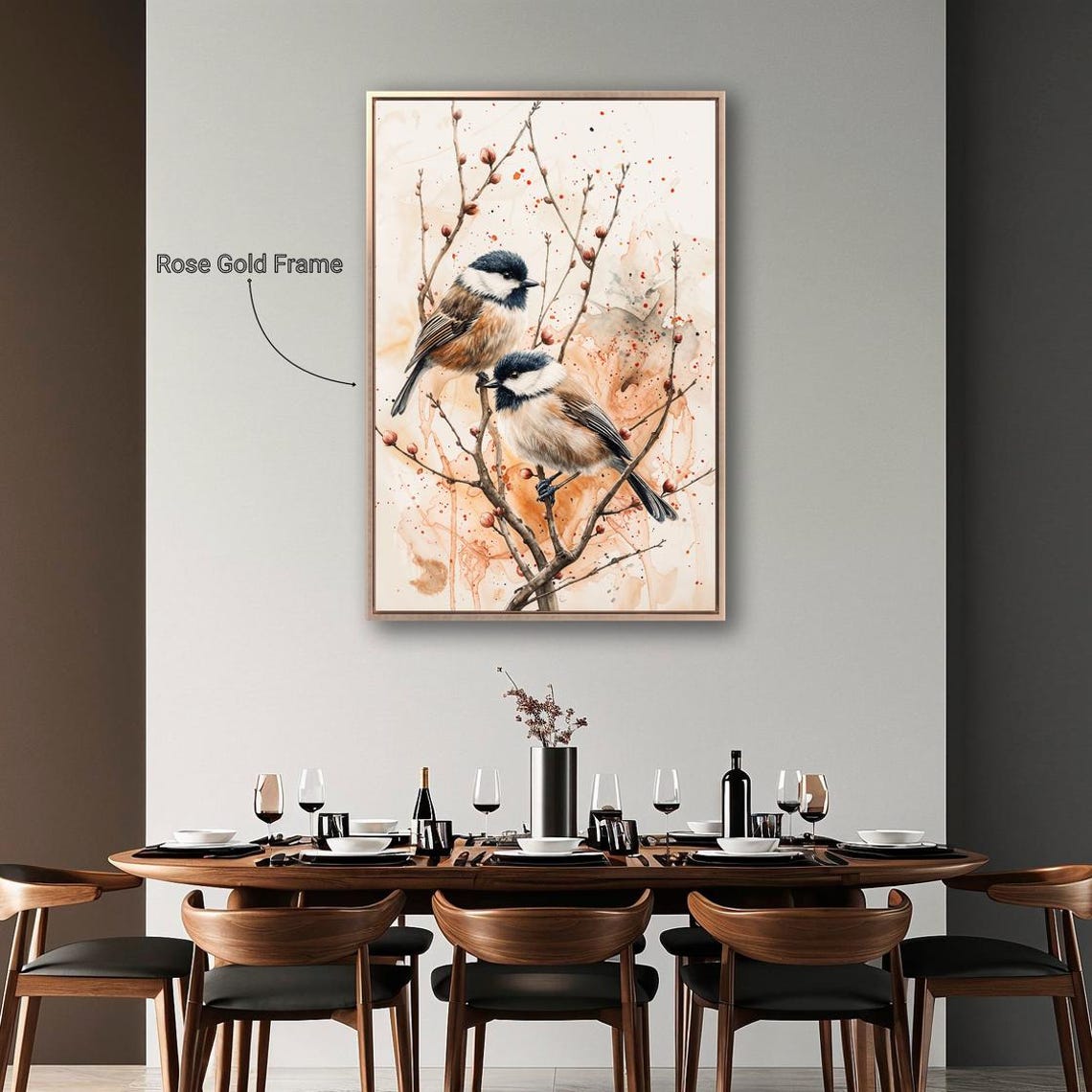 Two Chickadees Perched Berry Branches Delicate Watercolor Bird Poster - Image 2