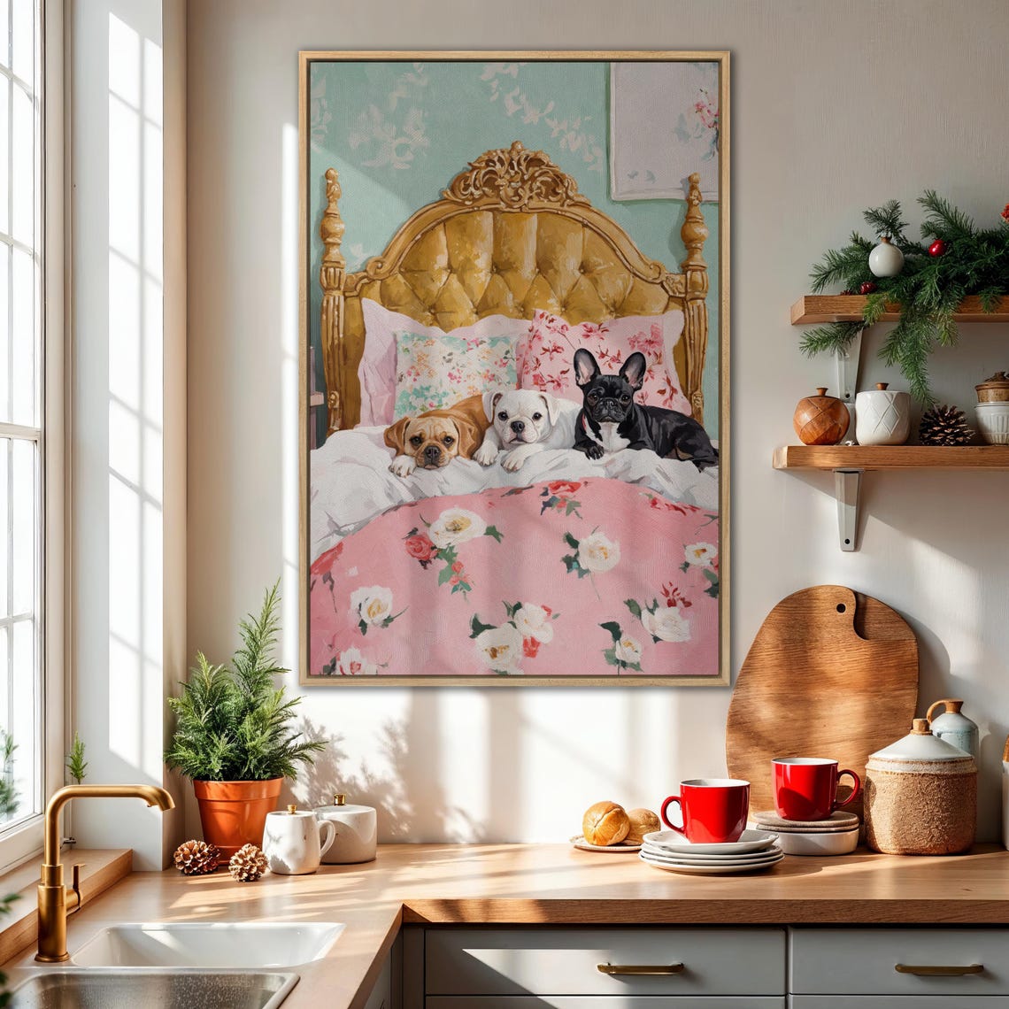 Three Cute Dogs On Pink Floral Bed Cozy Puppies Bedroom Wall Poster - Image 2