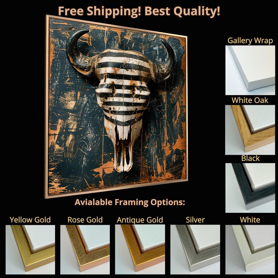 Striped Buffalo Skull Black Painted Southwestern Rustic Western Art Print - Image 5