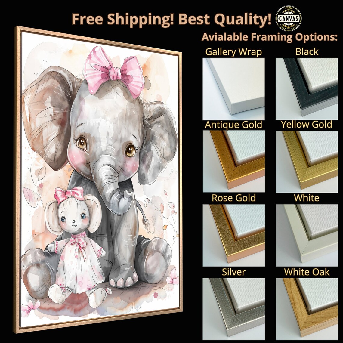 Baby Elephant And Mouse Pink Bow Watercolor Nursery Friendship Poster - Image 5