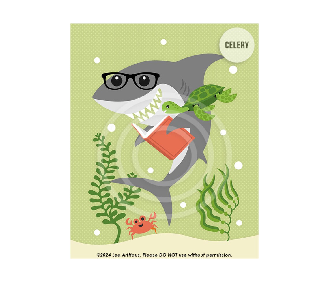 Cute Shark Reading Book With Glasses Green Undersea Scene Kids Library Poster