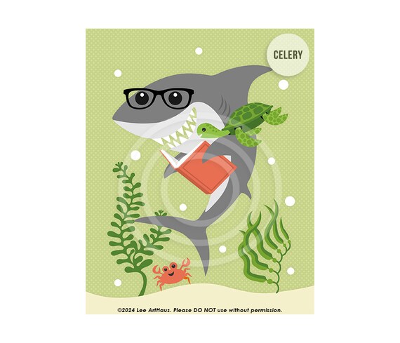 Cute Shark Reading Book With Glasses Green Undersea Scene Kids Library Poster
