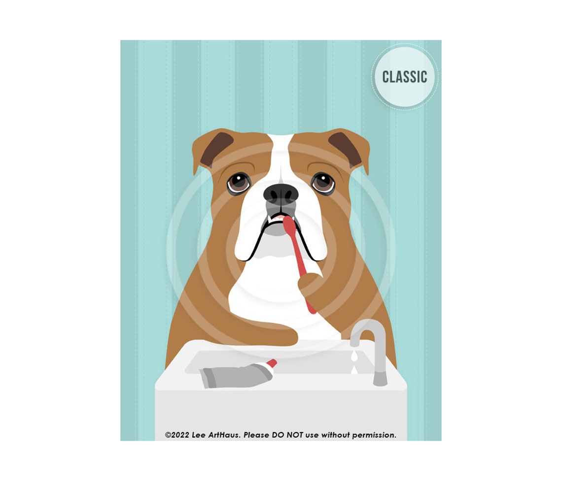 English Bulldog Brushing Teeth Bathroom Sink Toothbrush Pet Poster