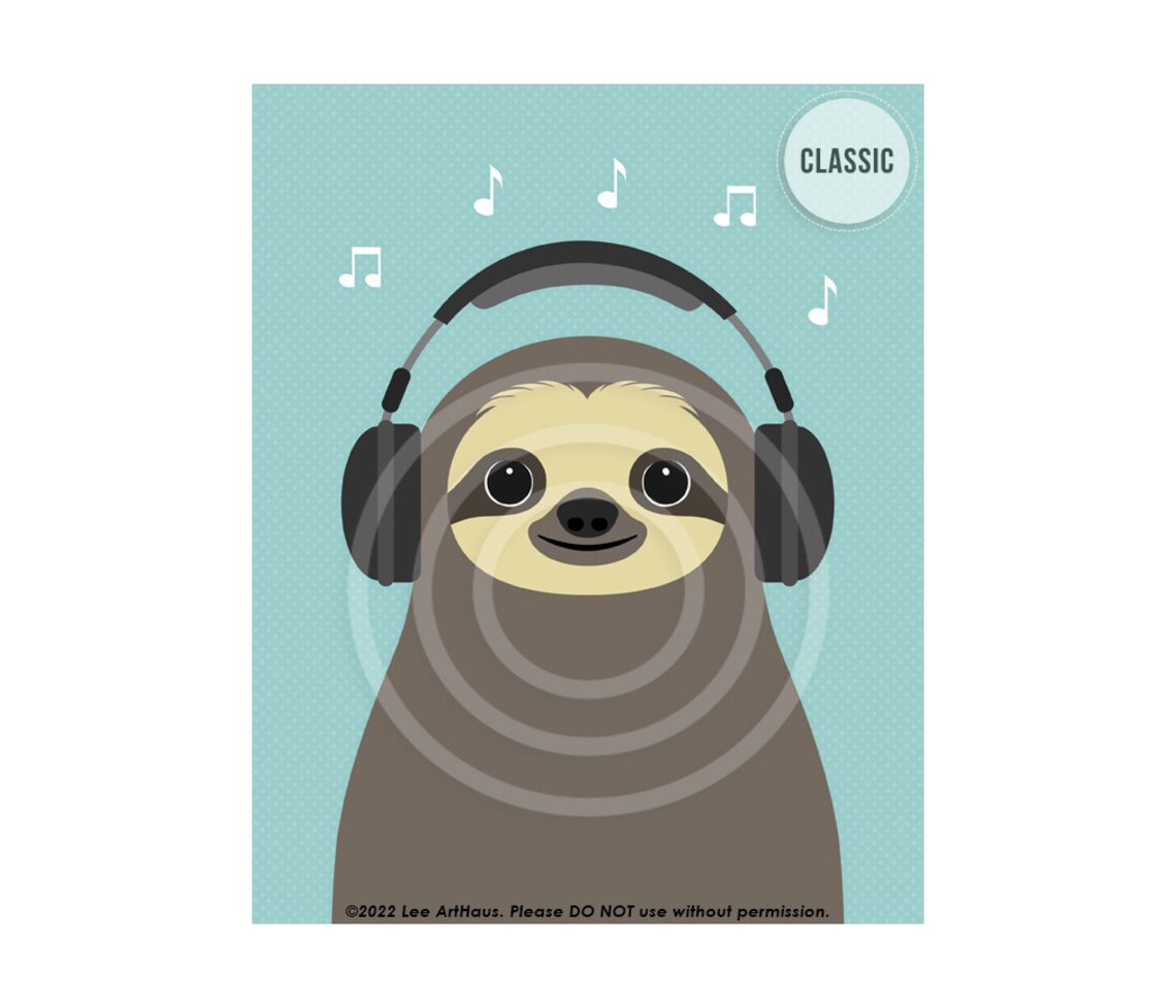 Cute Sloth Wearing Headphones Music Notes Fun Kids Room Decor Wall Poster - Image 3