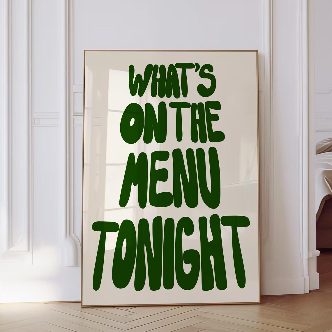Whats On The Menu Tonight Green Hand Lettered Kitchen Quote Poster