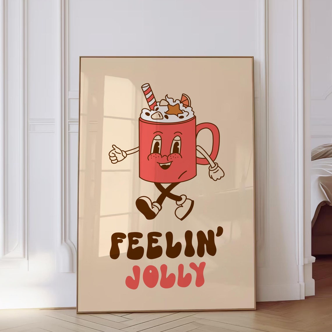 Feelin Jolly Dancing Retro Cocoa Mug Cartoon Christmas Poster