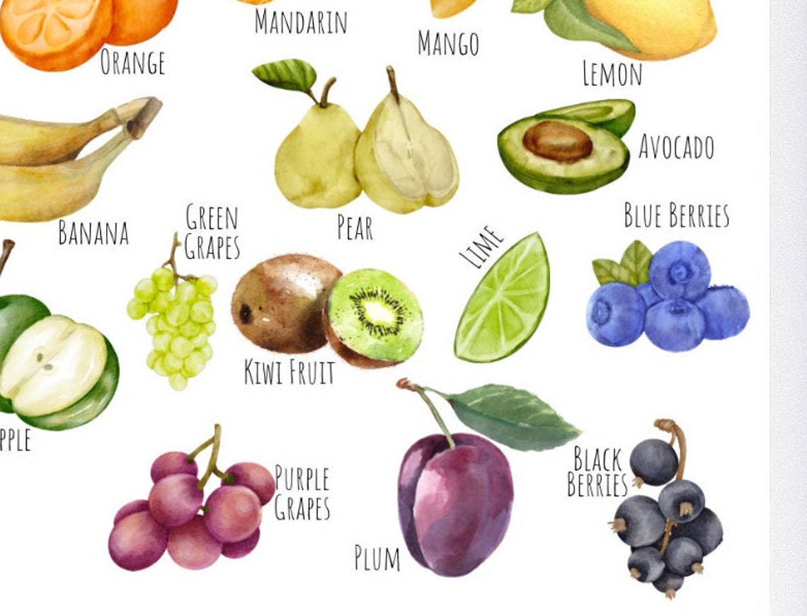 Watercolor Fruits Chart Apple Mango Pineapple Kids Kitchen Art Poster - Image 2