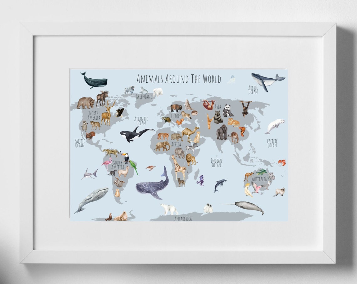 Watercolor Animals Around the World Map Kids Nursery Art Poster - Image 2