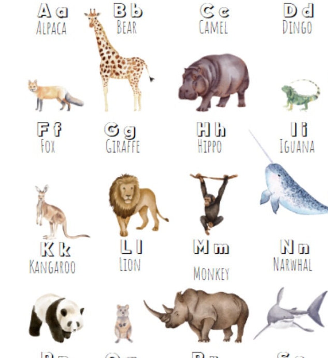 Watercolor Animal Alphabet A to O Kids Educational Nursery Art Poster - Image 2