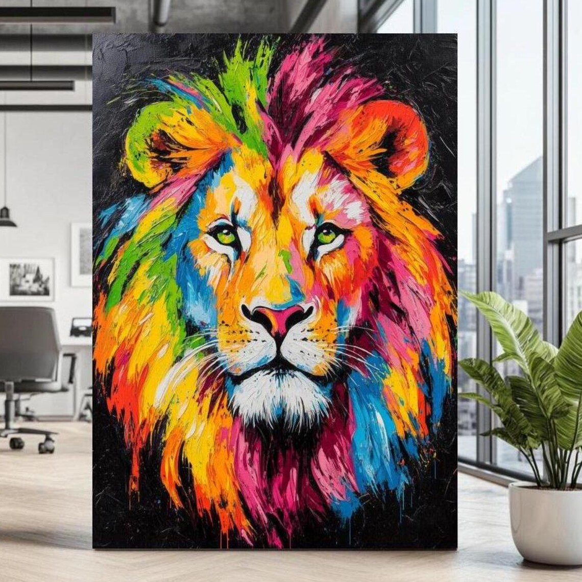 Rainbow Lion Face on Black Background Vibrant Neon Colorful Animal Poster