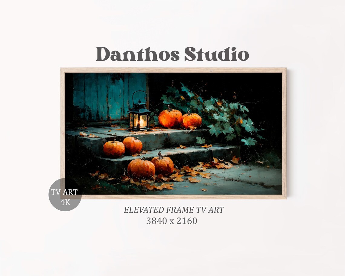 Rustic Pumpkins with Lantern on Stone Steps Moody Autumn Night Painting Poster