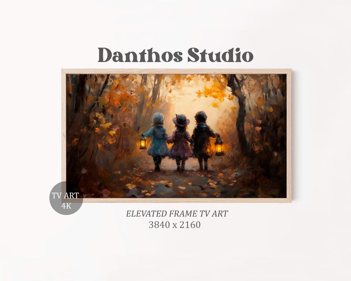 Three Children With Lanterns Walking Autumn Forest Path Poster